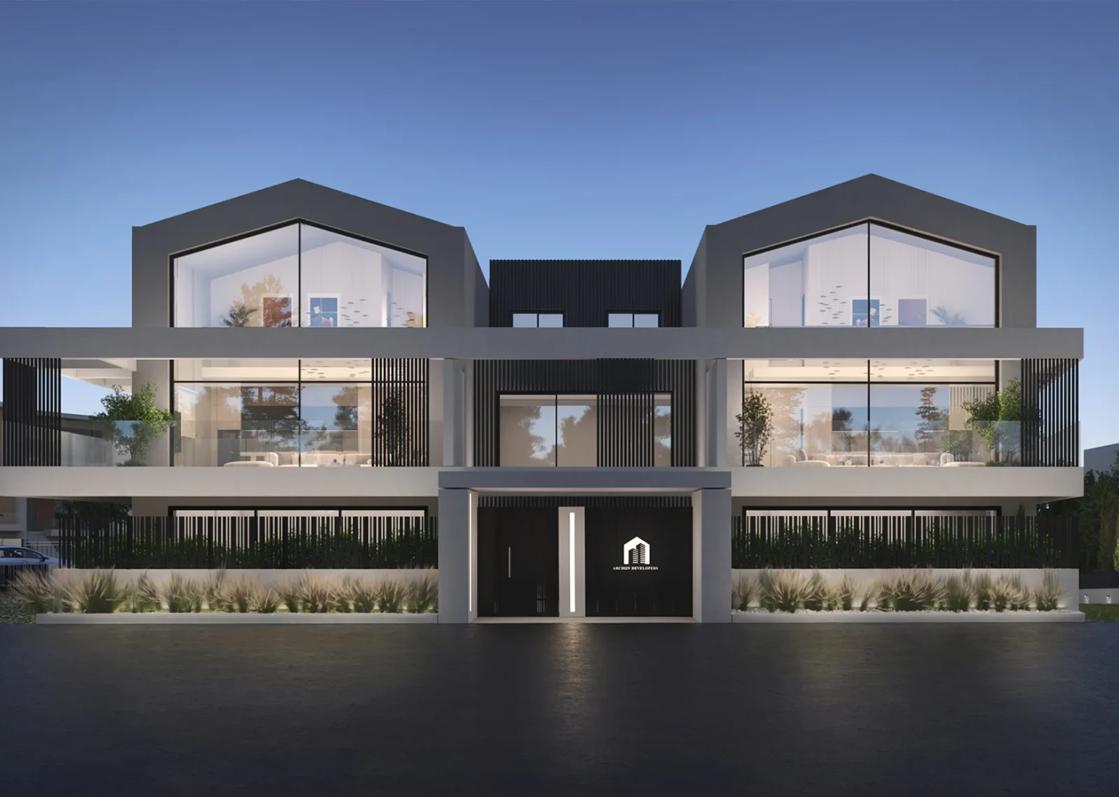 Σύγχρονη πολυκατοικία με συμμετρικούς όγκους, μεγάλες υαλοστάσεις και γραμμικά μπαλκόνια – εξωτερική όψη ημέρας.