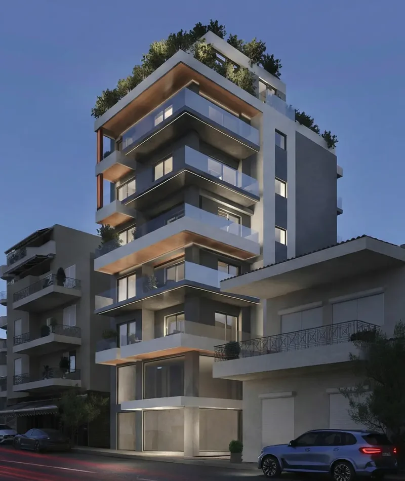 Street perspective of the Quorra Block apartment building with stacked balconies, glass railings, and warm wood soffits.