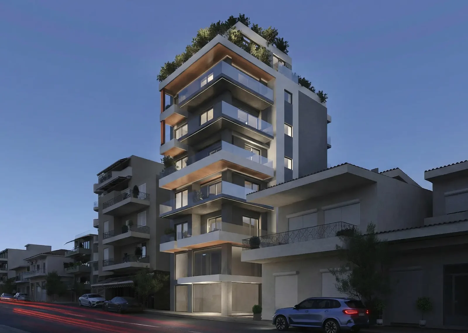Street perspective of the Quorra Block apartment building with stacked balconies, glass railings, and warm wood soffits.