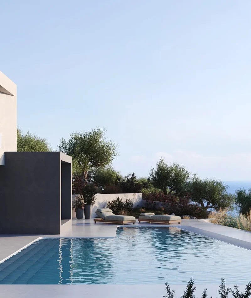 Σύγχρονη κατοικία σε λόφο με ελαιόδεντρα, καθαροί όγκοι και μεγάλες υαλοστάσεις.