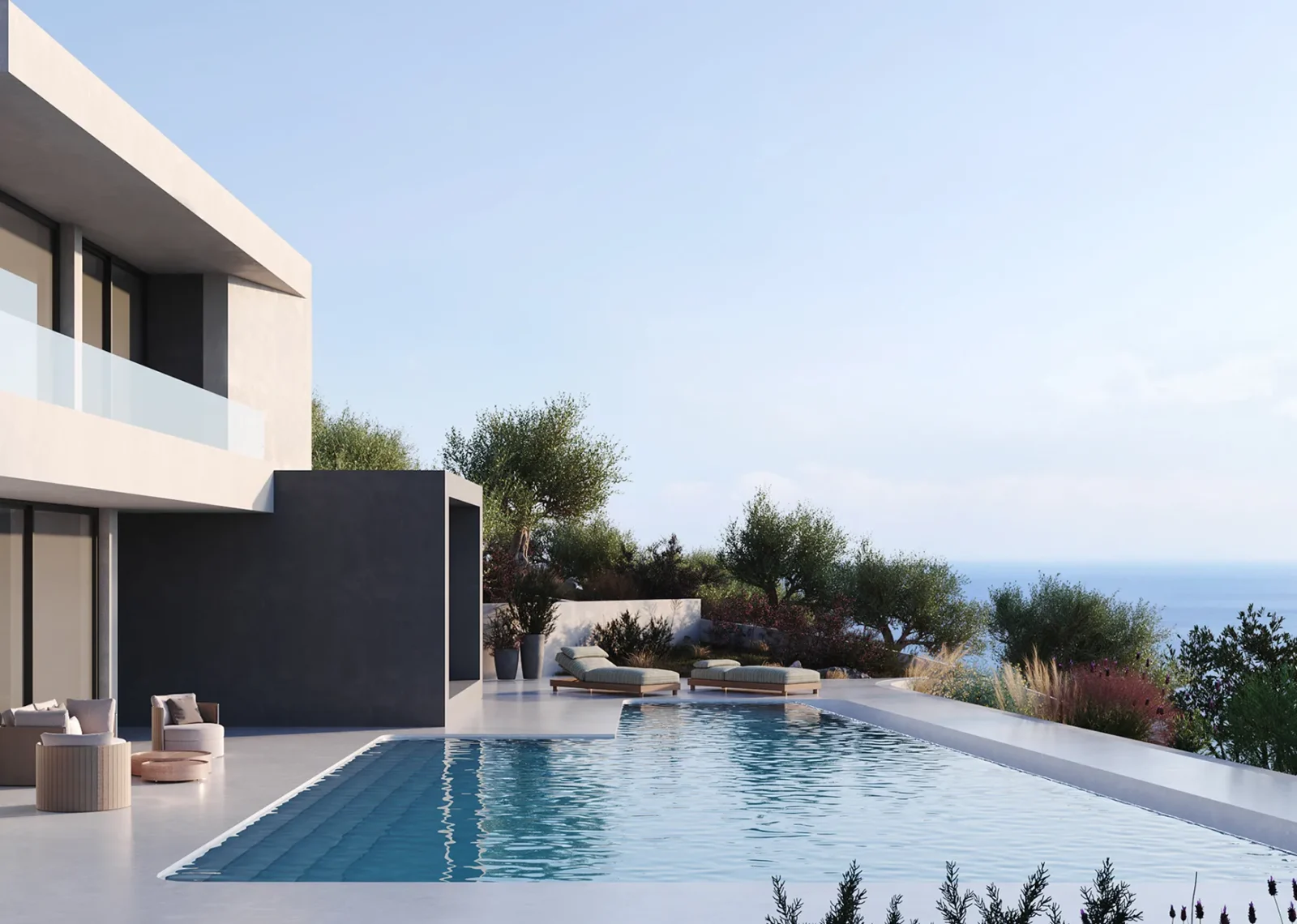 Σύγχρονη κατοικία σε λόφο με ελαιόδεντρα, καθαροί όγκοι και μεγάλες υαλοστάσεις.