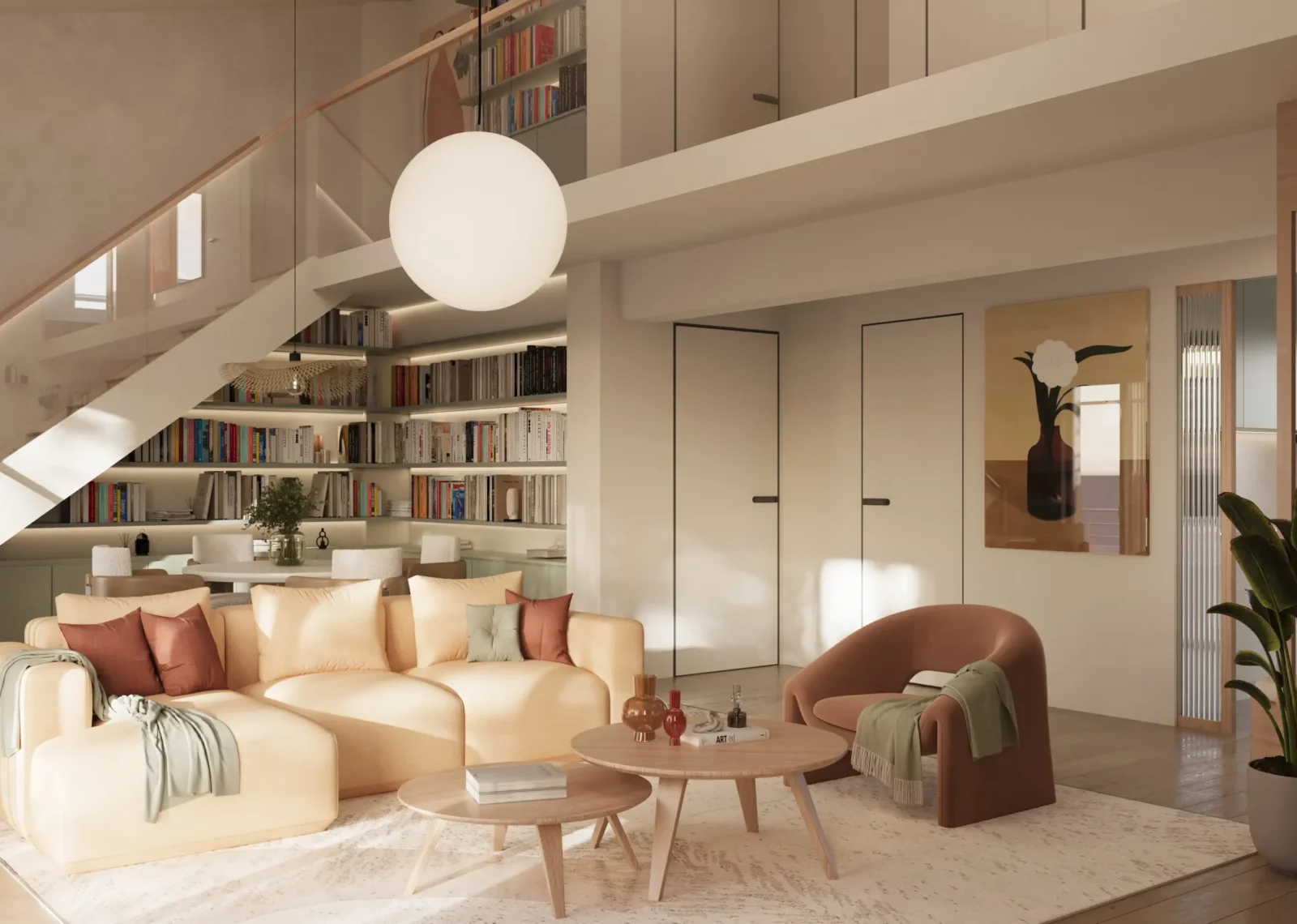 Σχεδιασμός loft με εσωτερική σκάλα και βιβλιοθήκη - Interior Design Θεσσαλονίκη