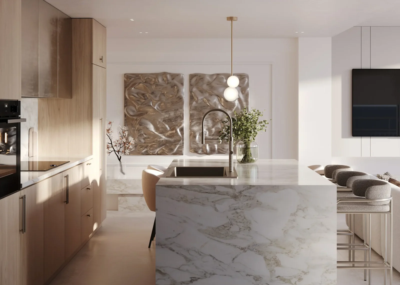 Contemporary kitchen with isalnd , light-toned cabinetry, warm wood volumes and a clean linear lighting detail under the upper units.