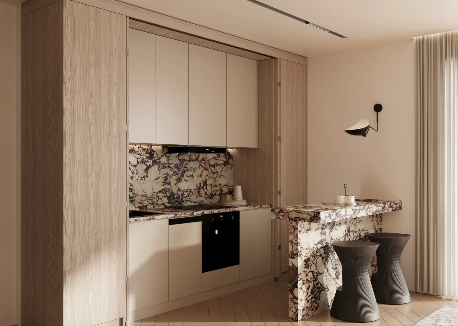 Open-plan κουζίνα με κρυφές επιφάνειες, ξύλινα ντουλάπια και έντονη stone-like πλάτη, σε ήπια παλέτα που ορίζει τον μινιμαλιστικό χαρακτήρα του Soft Flat