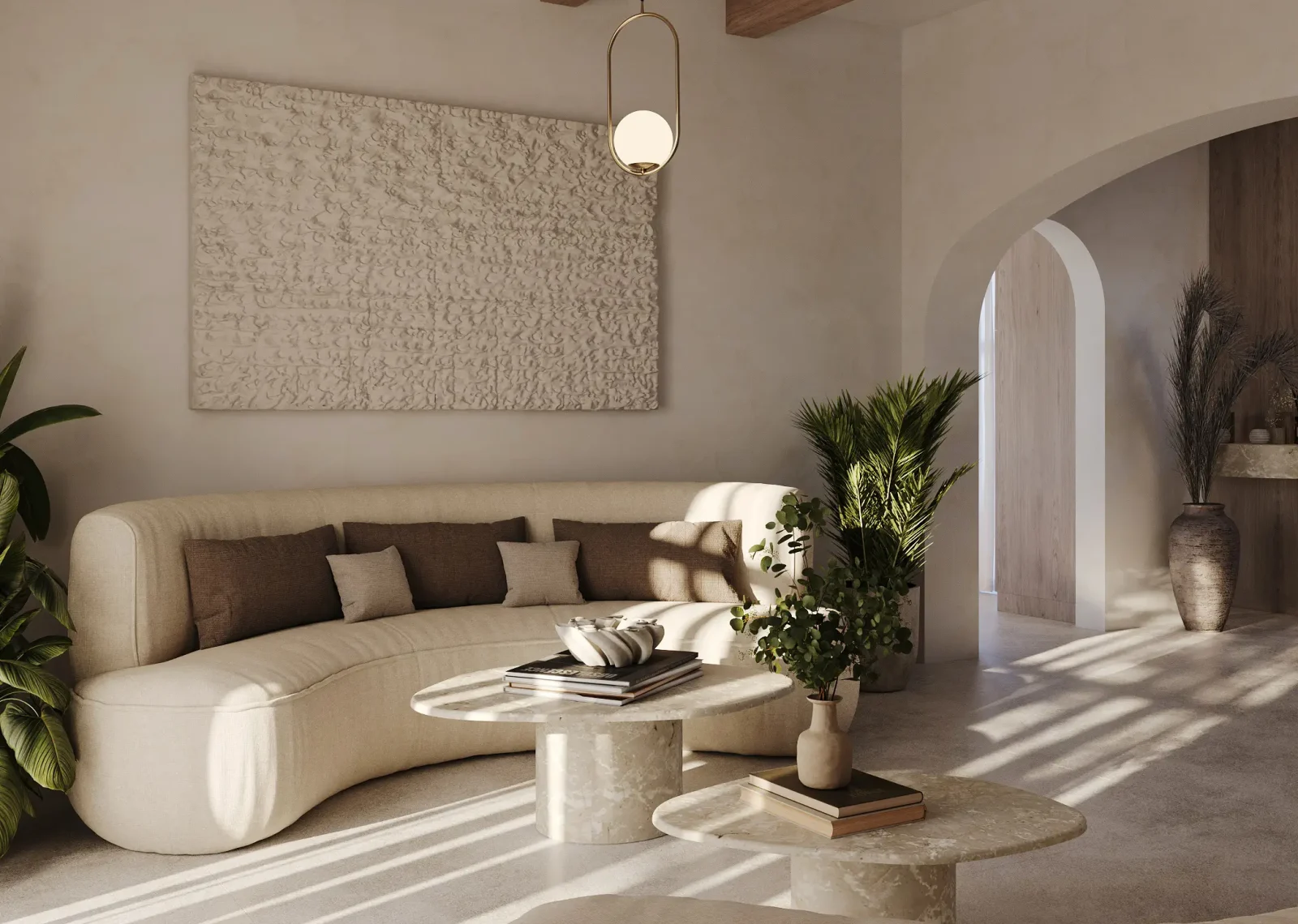 Καθιστικό boutique hotel με καμπύλες καμάρες, φυσικό φως και ήπια μεσογειακή αισθητική εσωτερικού χώρου.