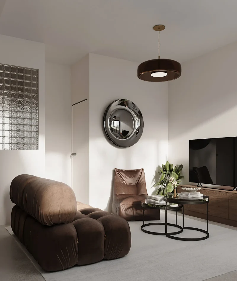 pparchitects 3d visualization berlin flat living room tv wall brown lounge chair modern interior