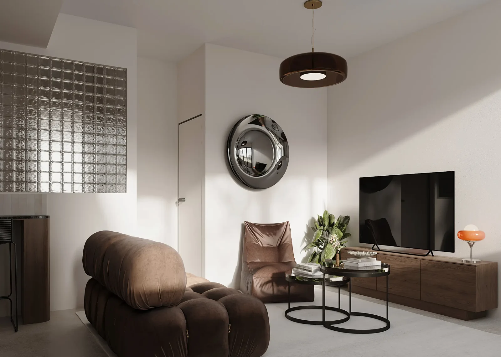 pparchitects 3d visualization berlin flat living room tv wall brown lounge chair modern interior