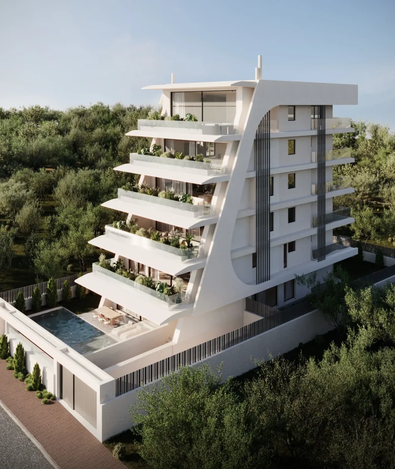 pparchitects 3d visualization branc aura exterior aerial corner view curved structure terraces