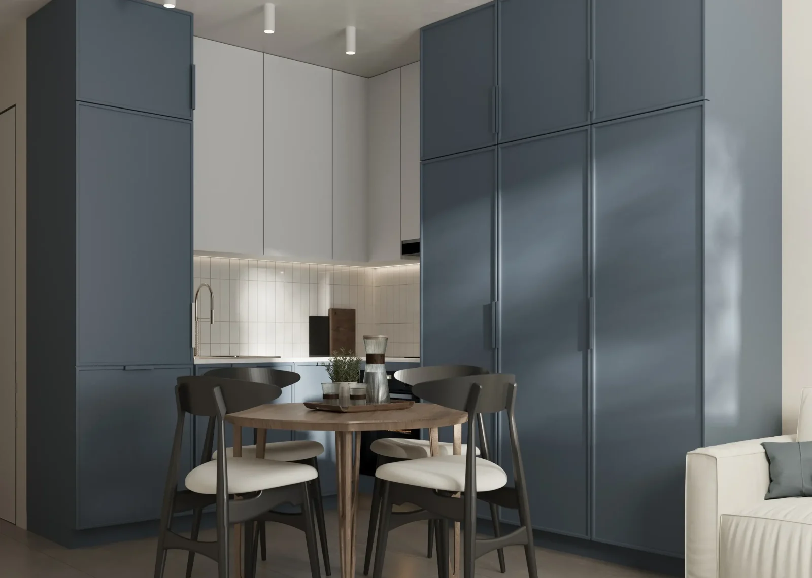 Φωτορεαλιστική 3D απεικόνιση open plan καθιστικού και κουζίνας στο Colour Flats με σύγχρονο interior design και ρεαλιστική απόδοση φωτισμού.