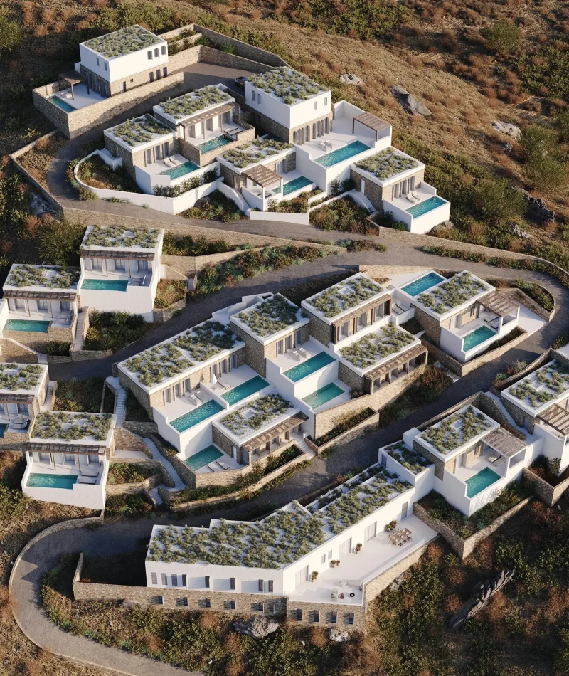 pparchitects 3d visualization ios villas aerial masterplan hillside resort pools