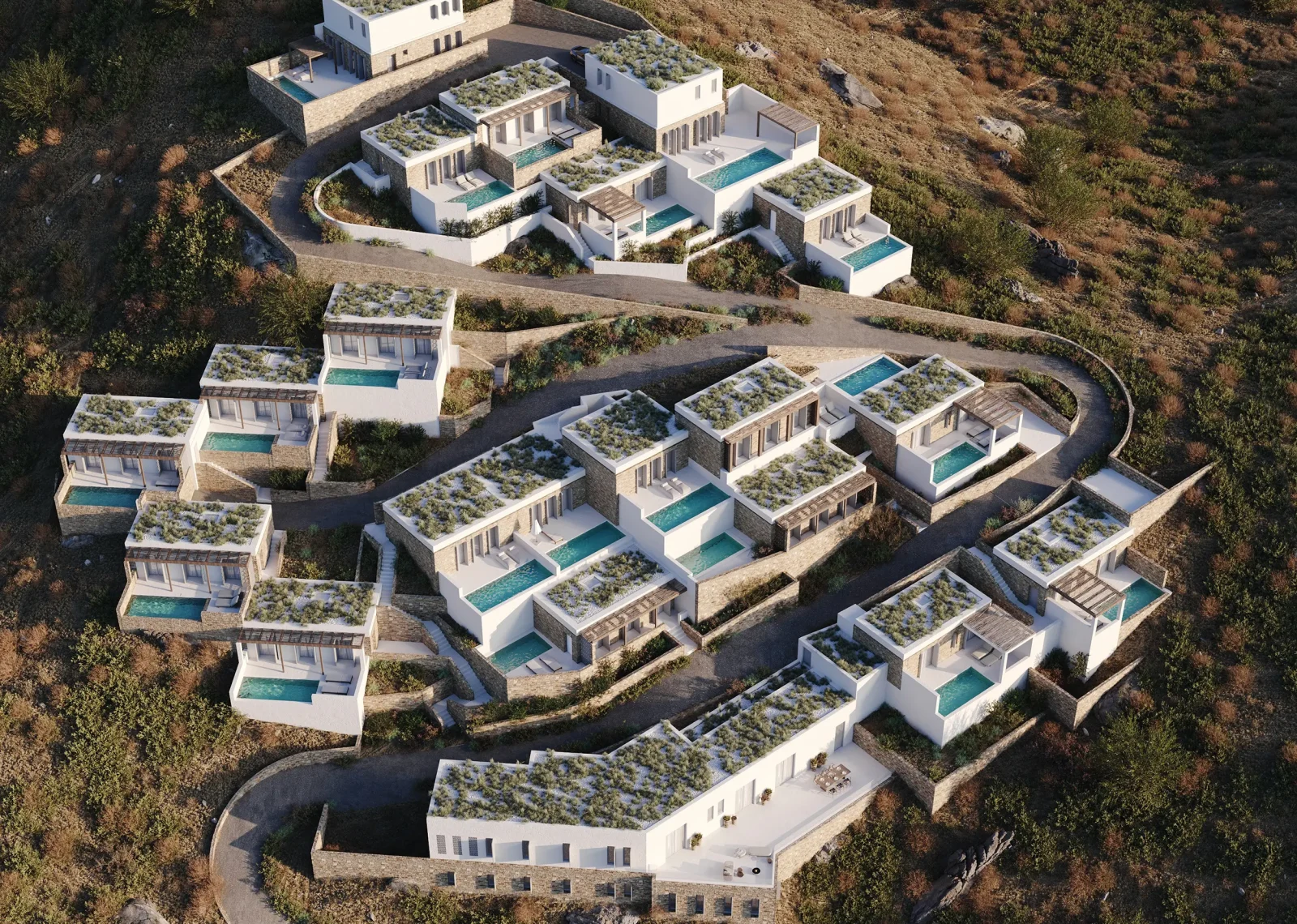 pparchitects 3d visualization ios villas aerial masterplan hillside resort pools