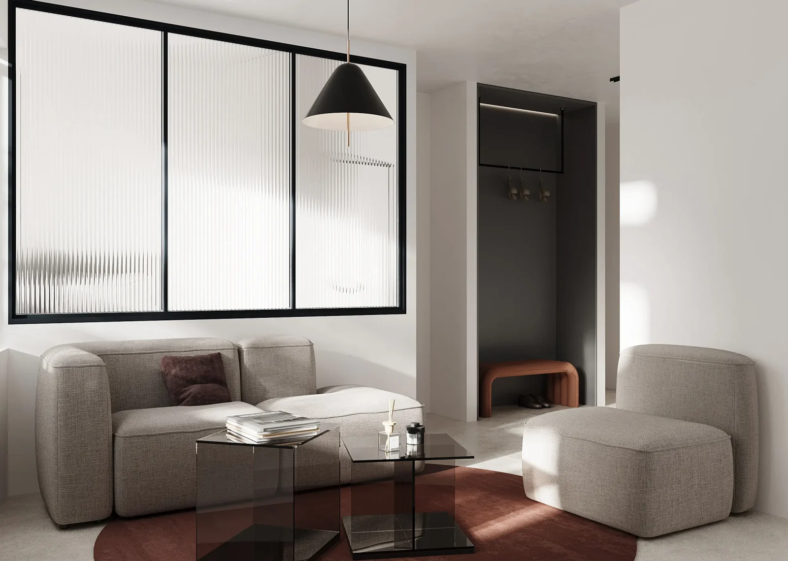 pparchitects 3d visualization milano flat living room glass partition lounge seating red rug