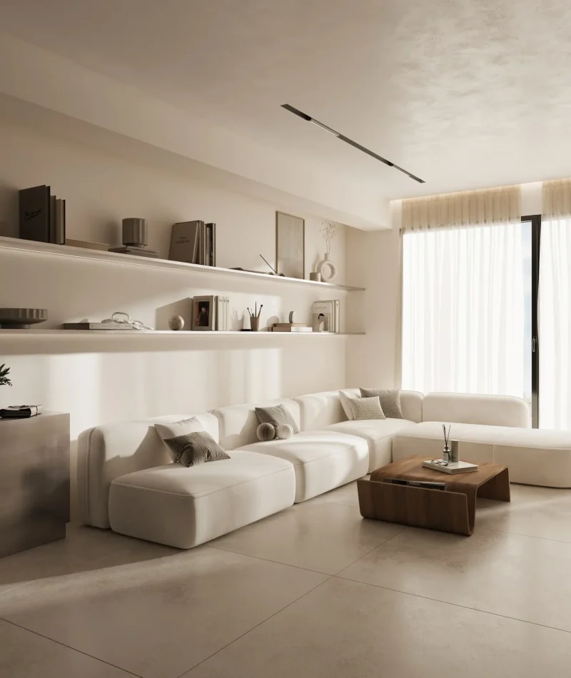 Photorealistic 3D render of a modern apartment living room with built in wall shelving, soft neutral palette and large windows with sheer curtains.