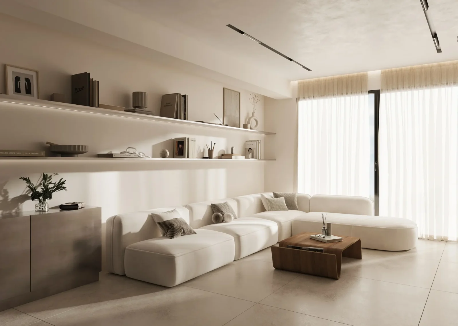 Photorealistic 3D render of a modern apartment living room with built in wall shelving, soft neutral palette and large windows with sheer curtains.