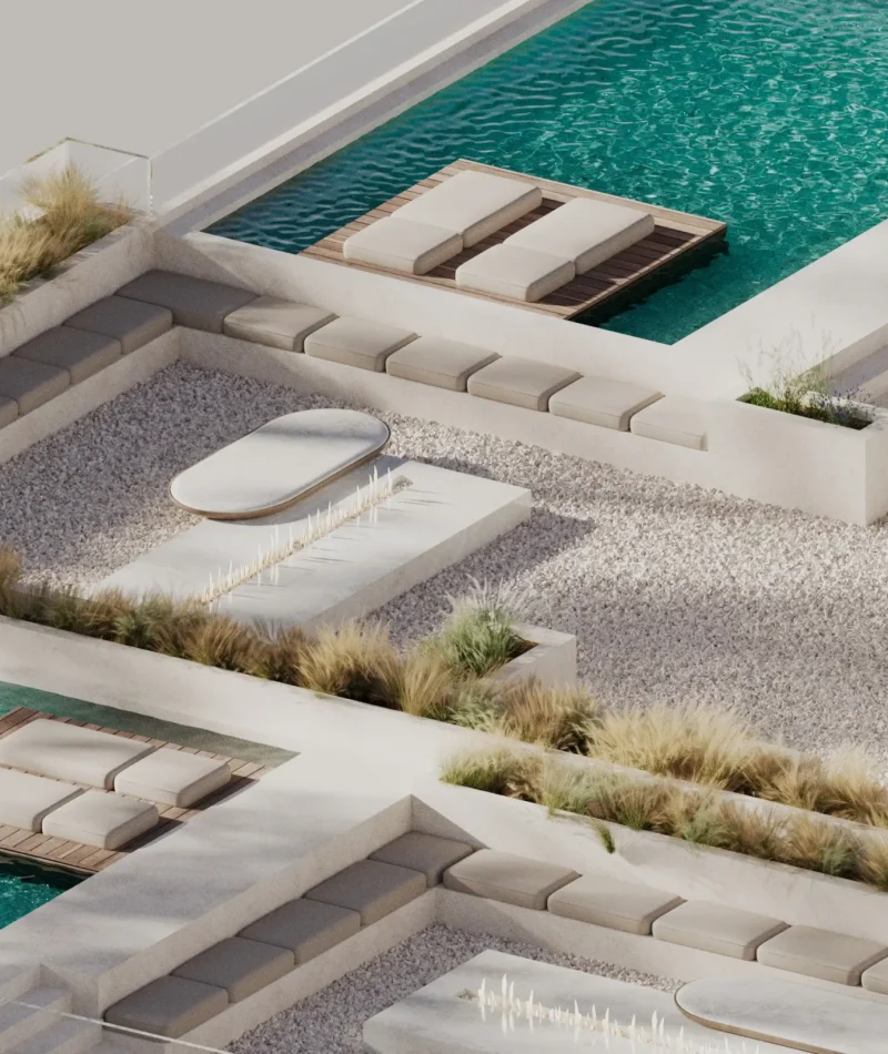 pparchitects 3d visualization rooftop eden pool sunbeds top view outdoor living