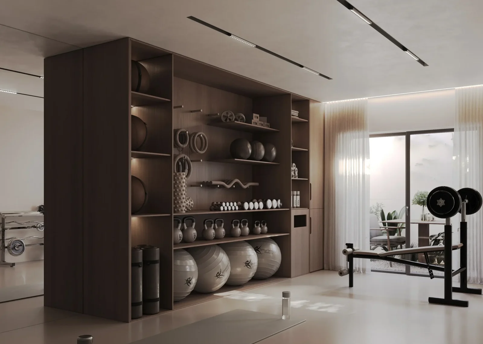 Home gym 3D visualization for Villa E with built in shelving, weight training equipment and calm daylight atmosphere in neutral tones.