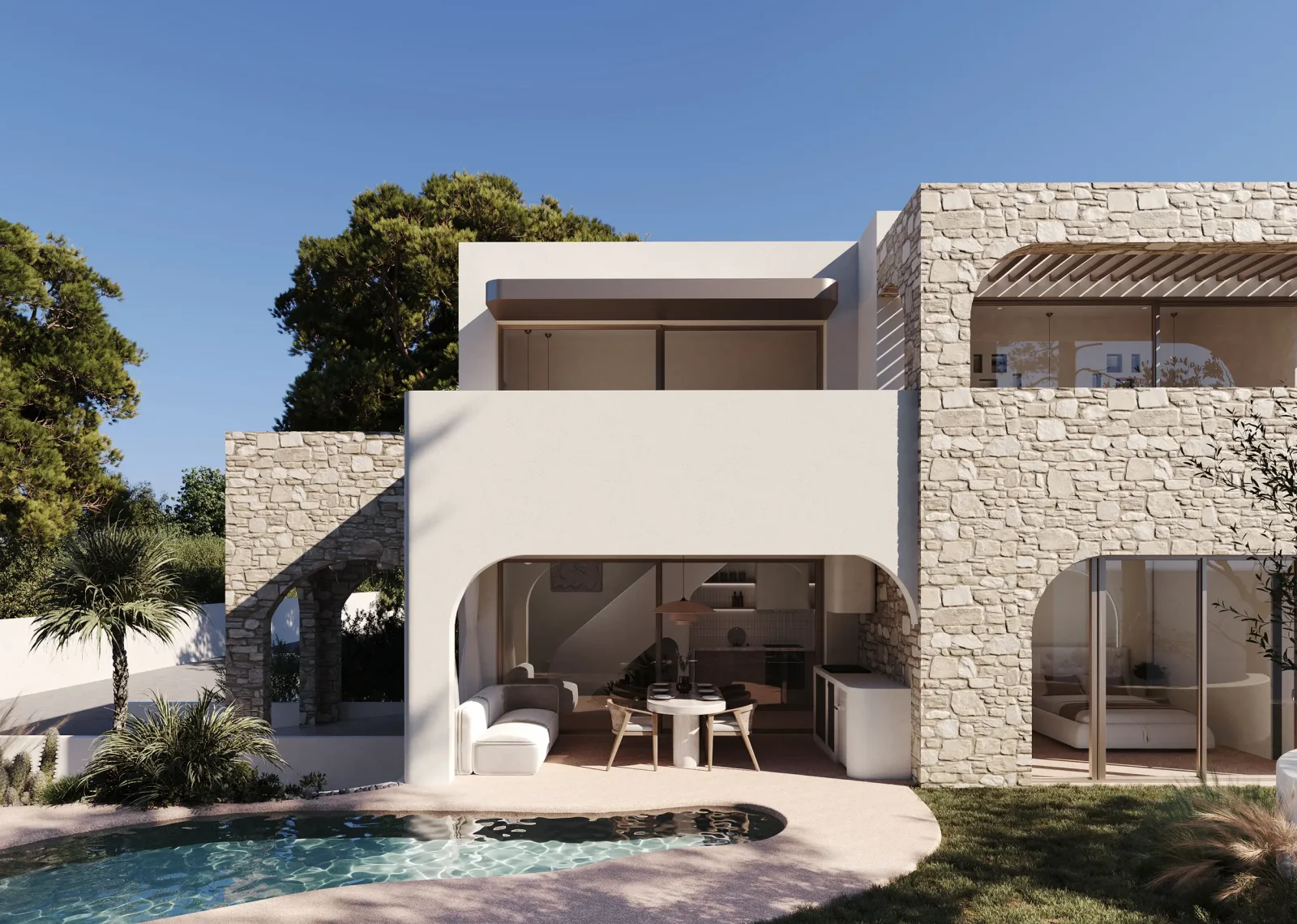Όψη προς αυλή με στοές, σκίαση και πισίνα οργανικής χάραξης.