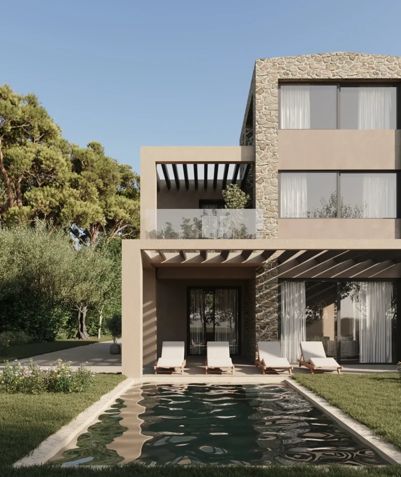 Front view of Tranquil Villas architectural study in Chalkidiki, single-level stone villas with pergolas and an infinity pool integrated into the landscape.