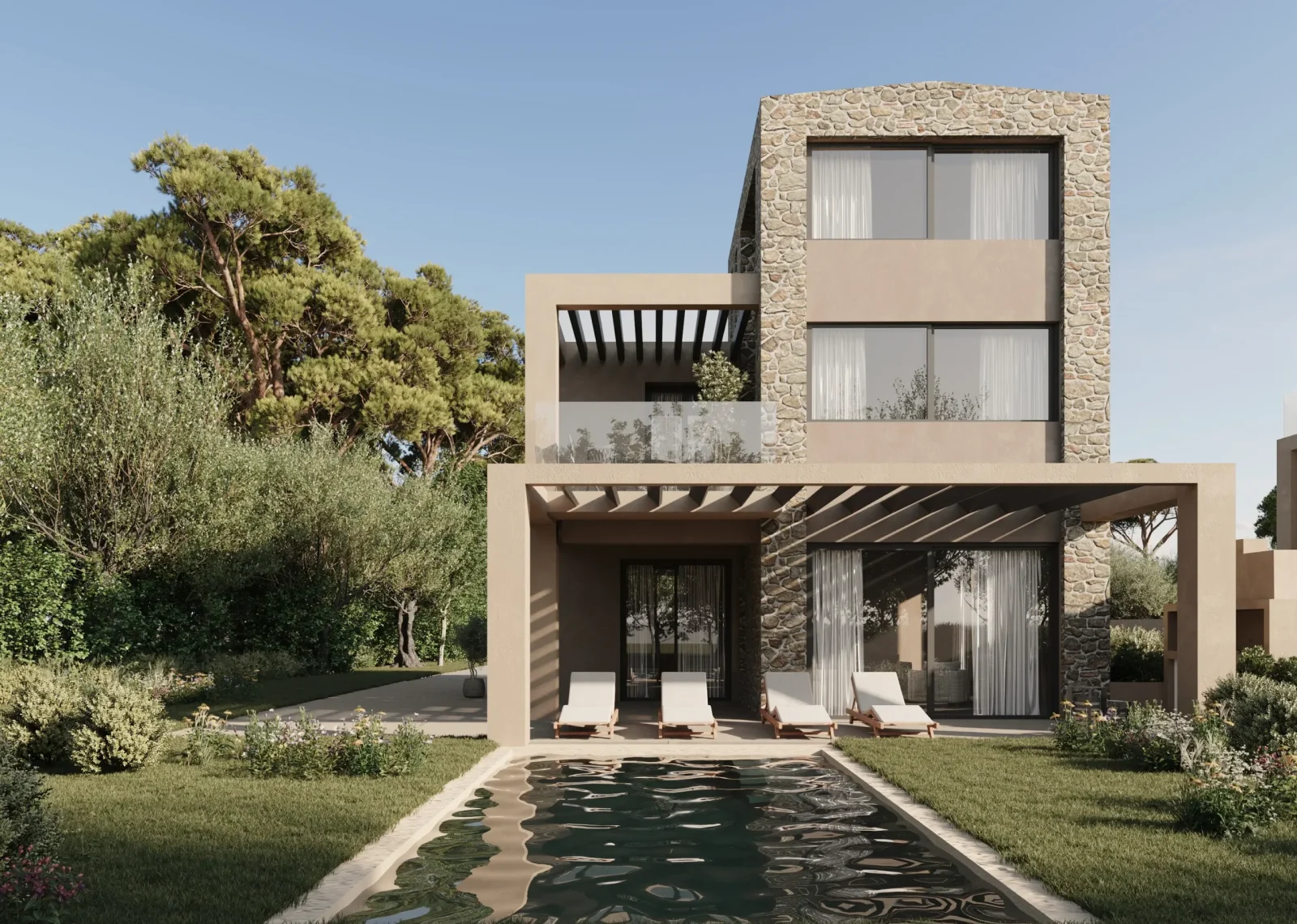 Front view of Tranquil Villas architectural study in Chalkidiki, single-level stone villas with pergolas and an infinity pool integrated into the landscape.