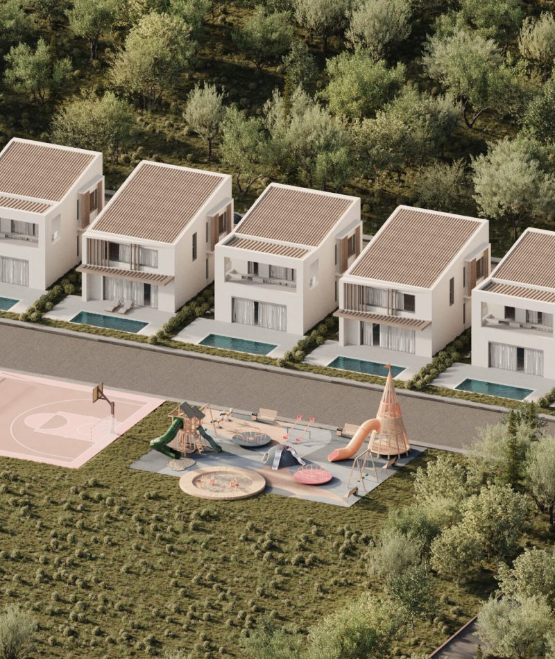 Street facade of a modern villa in Vista Foresta Complex, Chalkidiki, with clean volumes, perimeter wall and timber gate.