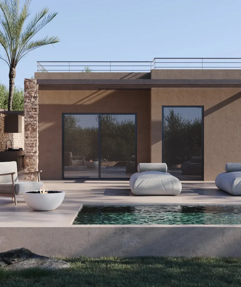 Poolside view of a contemporary holiday villa in Crete with cantilevered balcony, large glazing and outdoor lounge beside the swimming pool.