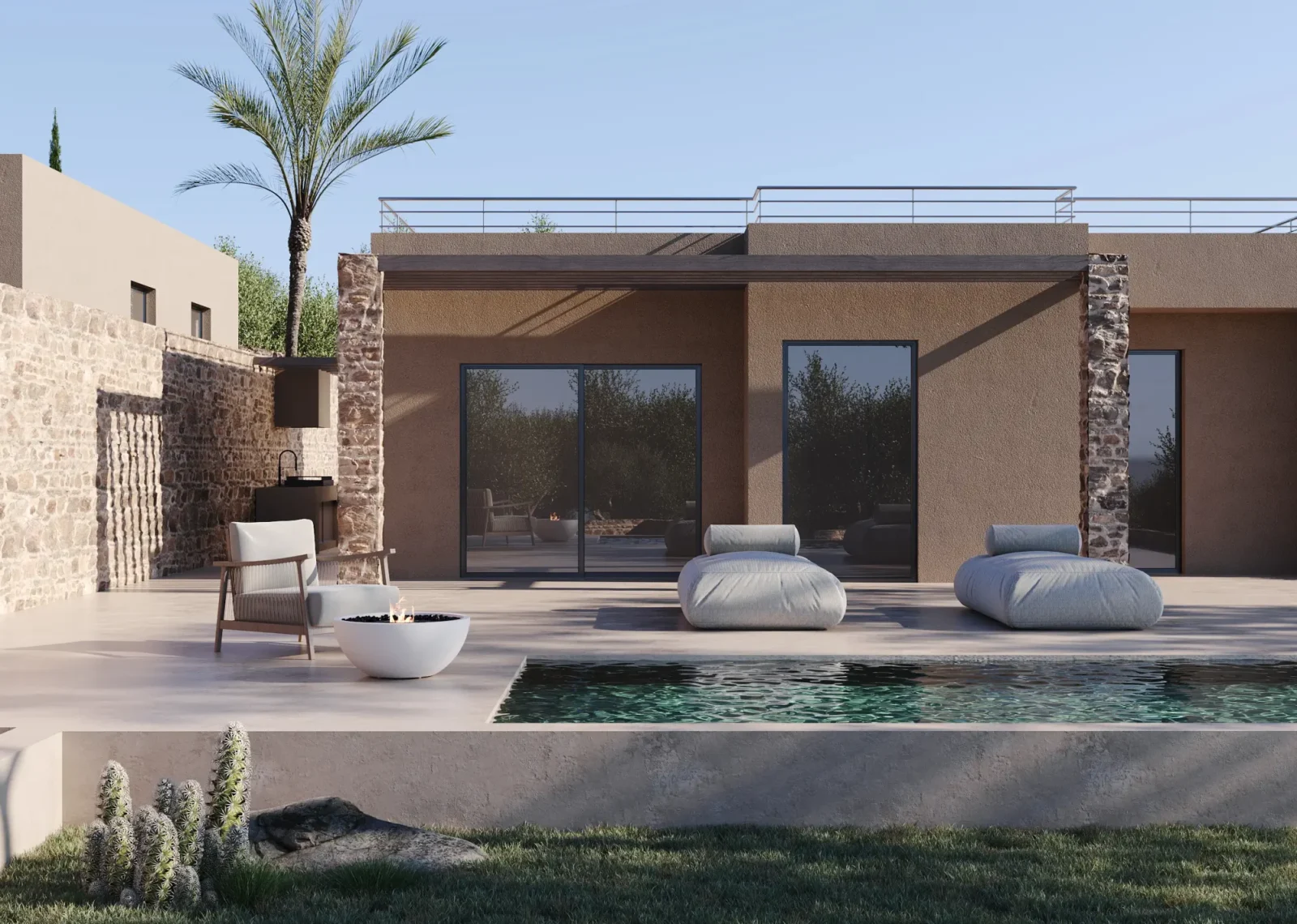 Poolside view of a contemporary holiday villa in Crete with cantilevered balcony, large glazing and outdoor lounge beside the swimming pool.